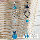 Boucles d'oreilles pendantes à chaud long style agate bleue avec strass