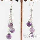 Lovely Long Chain Loope Style Natural Round Amethyst Ball Dangle Earrings