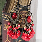 Lovely Vintage Red Bloodstone And Coral Dangle Earring With Loop Bronze Charm And Silver Fish Hook
