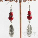 Lovely Round Blood Stone And Leaf Charm Dangle Earrings With Fish Hook