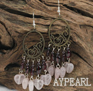 Nice Long Style Vintage Garnet And Rose Quartz Dangle Earrings With Loop Bronze Charm