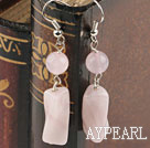 Fashion Twisted Crylinder And Round Shape Rose Quartz Dangle Earrings With Fish Hook