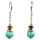 Simple Long Style Round Malaysian Jade Oblate Tiger Eye Stone Bead Dangle Earrings With Lever Back Hook