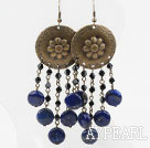 Vintage Style Lapis Earrings with Bronze Flower Accessories