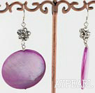 Fashion Large Diameter 30Mm Dyed Purple Disc Shell And Flower Charm Earrings With Fish Hook