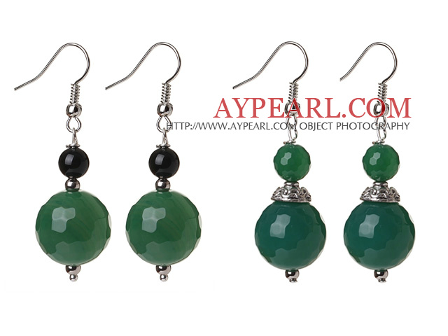 2 Pcs Classic Design Faceted Green Agate Ball And Black Agate Earrings