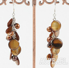Fashion Loop Chain Cluster Style Dyed Brown Pearl And Disc Shell Dangle Earrings