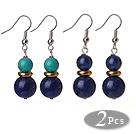 2 Pcs Fashion Style 12mm Natural Lapis Ball And Turquoise Earrings
