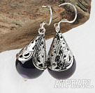 Lovely 14Mm Purple Agate Ball And Horn Charm Dangle Earrings With Fish Hook