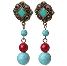 Vintage Tibetan Style Round Blue Burst Pattern Turquoise And Red Coral Beads Earrings