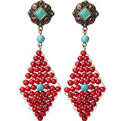 Trendy Special Rhombus Shape Red Bloodstone Beads And Turquoise Wire Wrapped Earrings With Tibetan Accessory