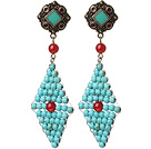 Trendy Special Rhombus Shape Blue Turquoise Beads And Red Agate Wire Wrapped Earrings With Tibetan Accessory