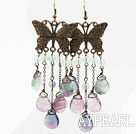 Vintage Style Drop Shape Rainbow Fluorite Earrings with Bronze Butterfly Accessories
