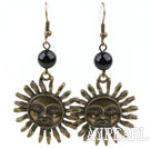 Vintage Style Black Agate Earrings with Bronze Sun Shape Accessories