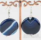 Large 18Mm Blue Lined Agate And Silver Metal Bead Dangle Earrings