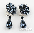 Elegant Clsuter Style Black Crystal Drop Clip-On Studes Earrings