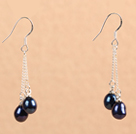 Simple Long Style Natural Black Freshwater Pearl Dangle Earrings