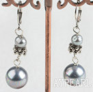 Lovely Grey Series Freshwater Pearl And Round Sea Shell Bead Metal Charm Earrings With Lever Back Hook