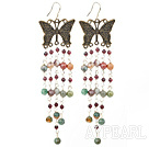 Beautiful Vintage Long Chain Loop Style Garnet And Indian Agate Dangle Earrings With Lovely Butterfly Bronze Charm