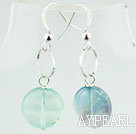 Simple Flat Round Rainbow Fluorite Ring Charm Dangle Earrings With Fish Hook