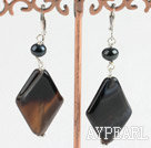 Elegant Black Freshwater Pearl And Black Rhombus Agate Dangle Earrings With Lever Back Hook