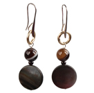 Simple Long Style Banded Agate Bead Oblate Black Lip Shell Dangle Earrings With Golden Loop