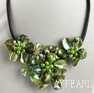 pearl and dyed green shell flower necklace with magnetic clasp