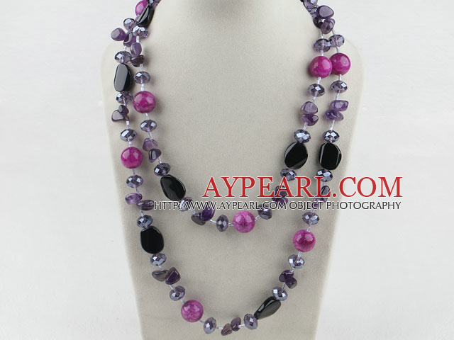 Long Style Crystal and Pink Agate Necklace