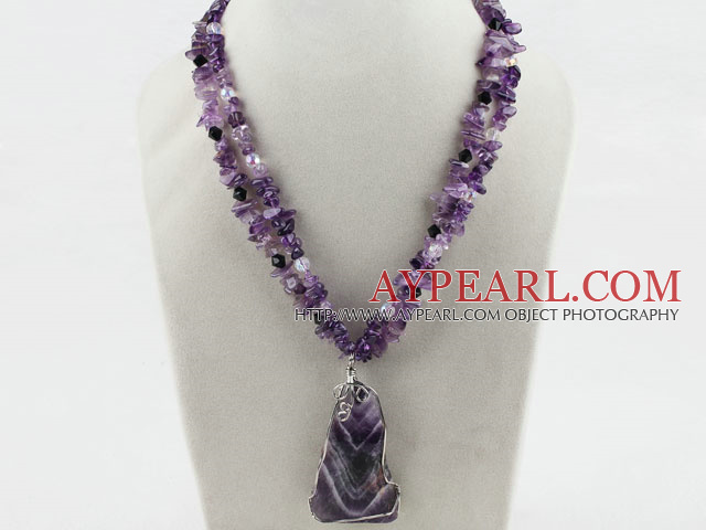 Two Strands Amethyst Chips and Amethyst Pendant Necklace