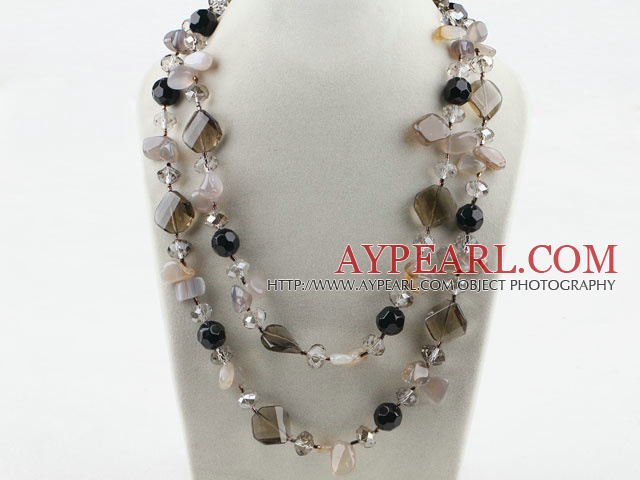 Long Style Smoky Quartz and Gray Agate Necklace