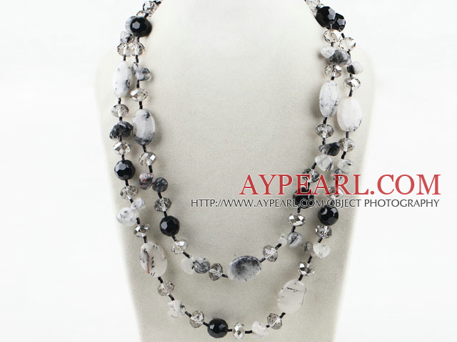 Long Style Crystal and Black Rutilated Quartz Necklace