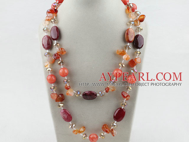 Long Style Crystal and Agate and Pink Jade Necklace