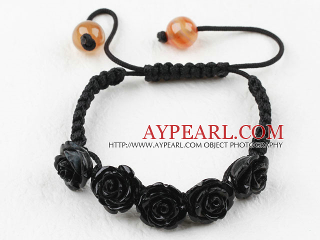 Black Rose Flower Turquoise Woven Bracelet with Adjustable Thread