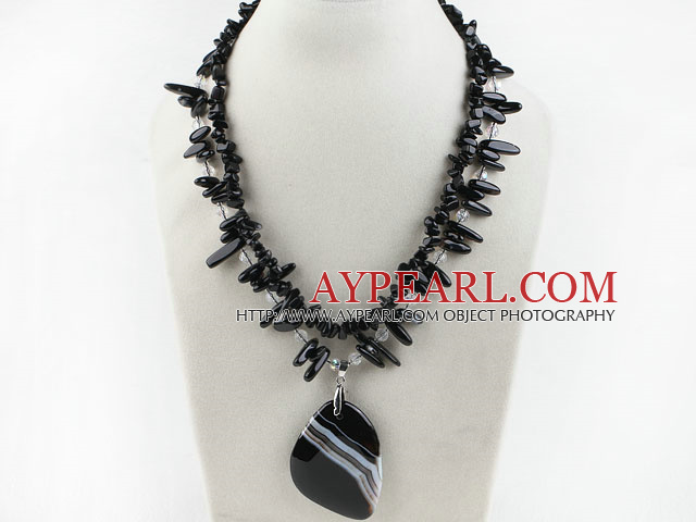 black agate beaded double strand pendant necklace with extendable chain