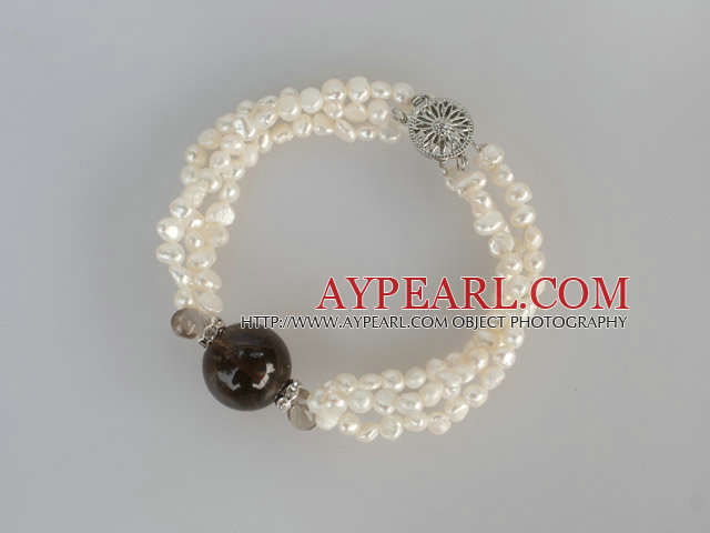 3 strand natural white pearl and smoky quartze bracelet