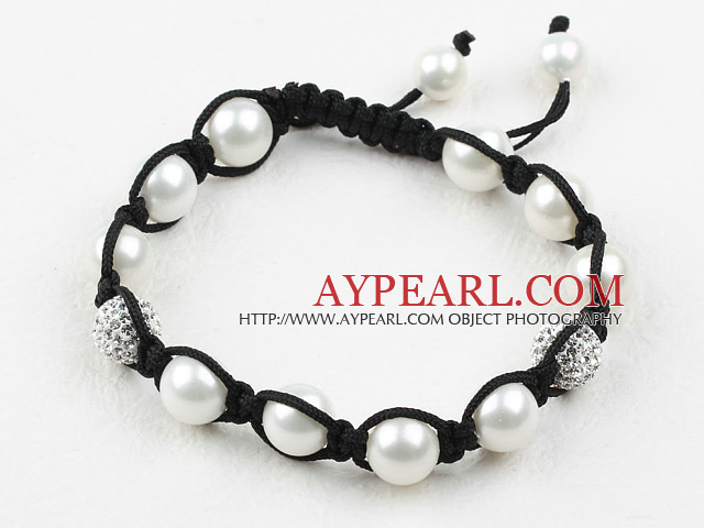 10mm White Seashell and Rhinestone Woven Ball Bracelet with Adjustable Thread