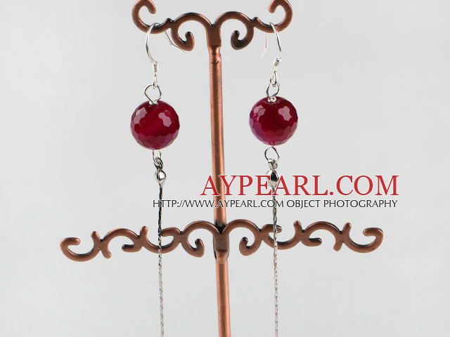 dangling style 12mm faceted red agate ball earrings