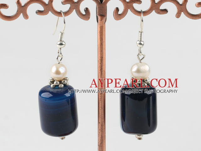 cute white pearl and blue cylinder shape agate earrings