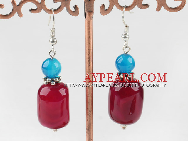 cute round blue and red cylinder shape agate earrings