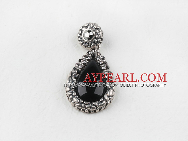 vintage-like engraved alloy jewelry black drop immitation gemstone pendant with rhinestone