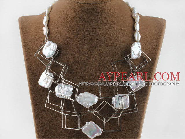 fashion costume jewelry white irregular pearl and square metal loop necklace