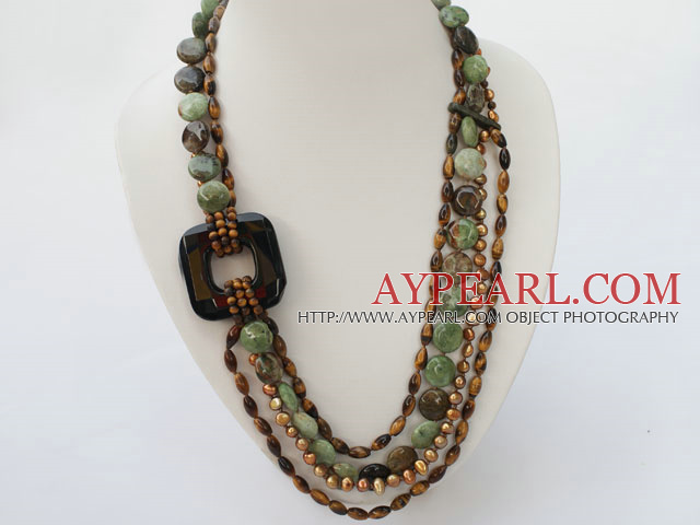 brown pearl and tiger eye green opal and black agate necklace