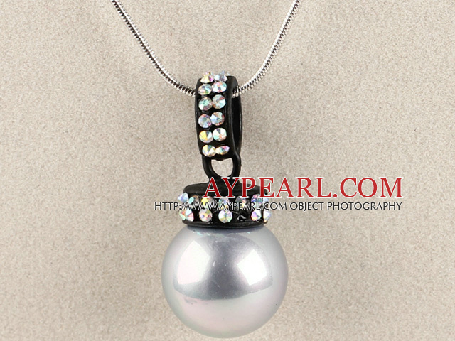 silver gray 16mm sea shell bead pendant necklace with shinning colorful rhinestone