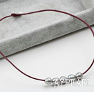 Simple Design Gray FW Pearl Necklace with Brown Leather