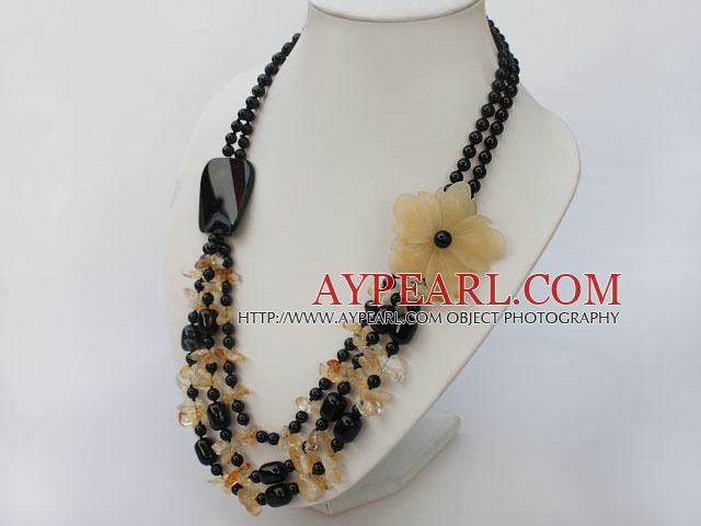 multi strand black agate and Citrine necklace with flower