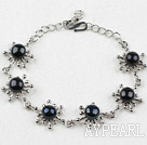 Fashion Style Black Süßwasser Perlen Blume Metall Armband mit verstellbaren Kette