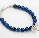 8mm Round Blue Agate Beaded Elastic Bangle Bracelet with Sterling Silver Butterfly Accesories