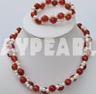 double strand white pearl and red agate necklace bracelet set