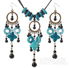 Fashion Round Black Agate And Donut Flower Shape Blue Jade Pendant Jewelry Sets (Necklace With Matched Earrings)