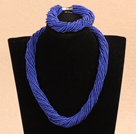 Popular Style Multi Strands Deep Blue Mini Beads Twisted Chunky Party Jewelry Set (Necklace & Bracelet)